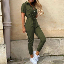 Load image into Gallery viewer, Women Casual solid color Jumpsuit 2020 Summer Deep V Neck Button Shirt Overalls Short Sleeve Office Lady One Piece Romper Belt
