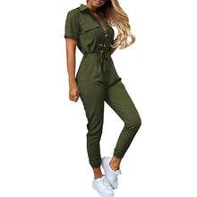 Load image into Gallery viewer, Women Casual solid color Jumpsuit 2020 Summer Deep V Neck Button Shirt Overalls Short Sleeve Office Lady One Piece Romper Belt
